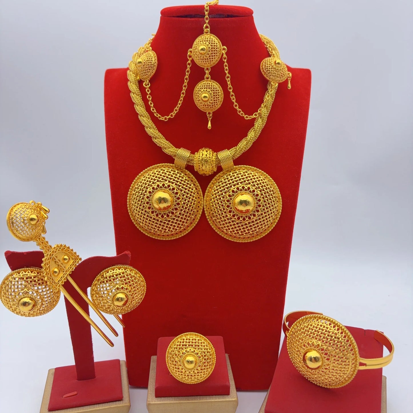 African Ethiopian Eritrean Habesha Dubai 24K Gold-Plated Flower Pendant 6-Piece Jewelry Set