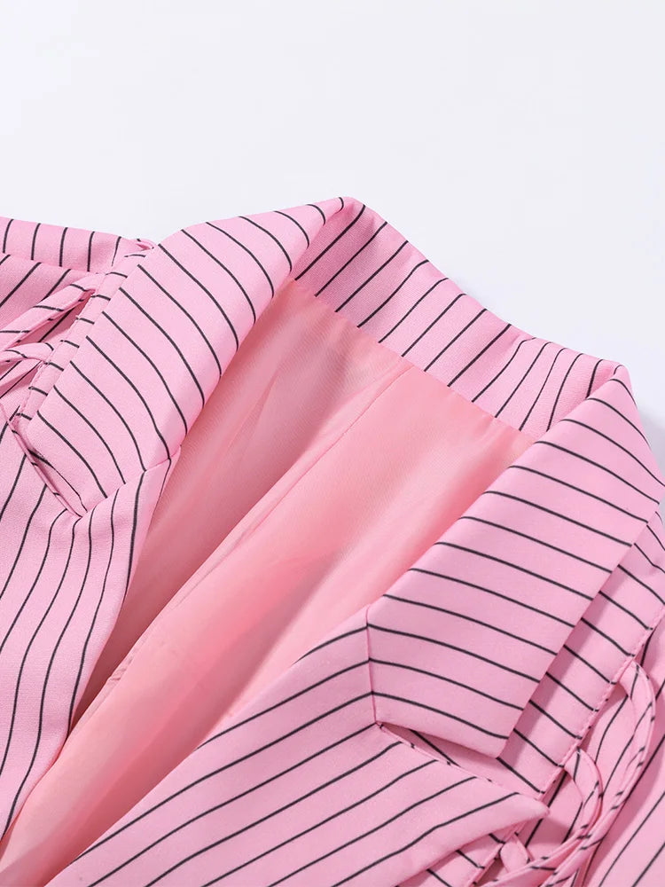 Women's Pinstripe Blazer Jacket with Padded Shoulders, Fitted Waist, Turn-Down Collar & Detachable Tassel Straps
