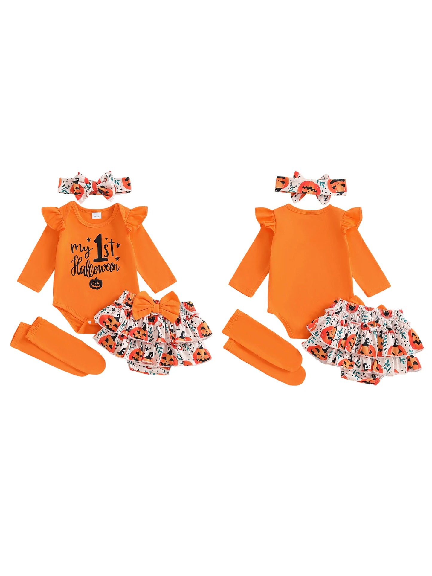 Baby Girls Halloween Outfit – Long Sleeve Romper, Ruffle Shorts, Headband & Socks Set