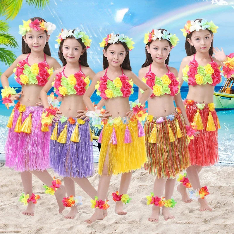 Hawaiian Hula Costume Set for Kids & Teens – Grass Skirt, Top, Flower Lei Necklace, Headband, Anklets & Bracelets (40 cm)