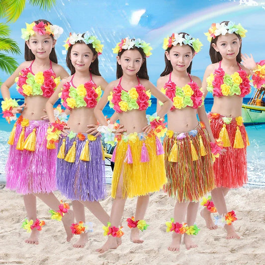 Hawaiian Hula Costume Set for Kids & Teens – Grass Skirt, Top, Flower Lei Necklace, Headband, Anklets & Bracelets (40 cm)