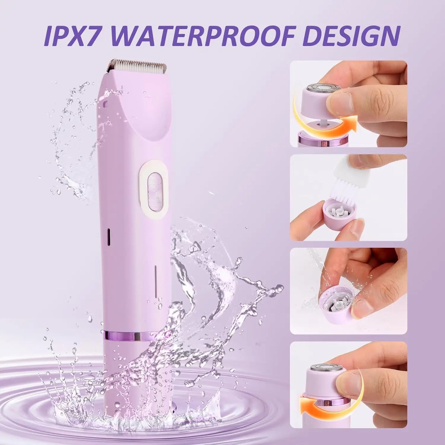 2-in-1 Electric Razor for Women – Waterproof Bikini Trimmer & Body Shaver | Wet & Dry Use | IPX7 Rated for Pubic Hair, Legs, Underarms & More