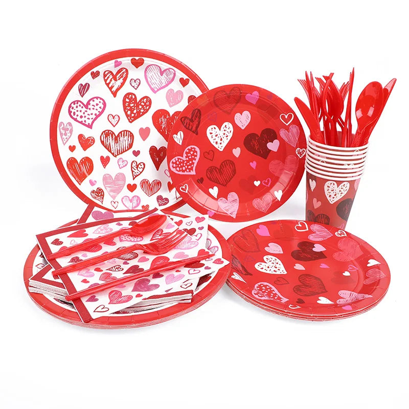 Love Heart Disposable Tableware Set – Paper Plates, Cups, Napkins & Tablecloth for Valentine’s Day, Wedding, Anniversary & Party Decor