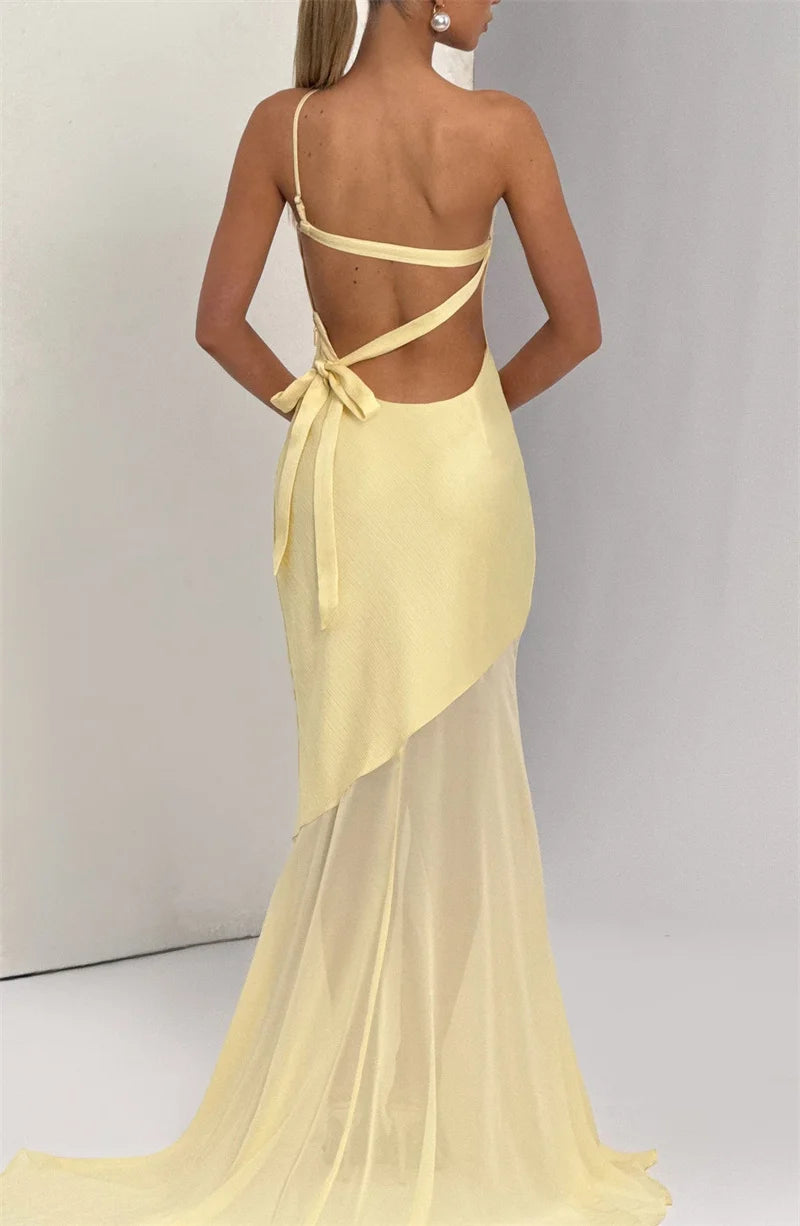 One-Shoulder Backless Maxi Dress for Women – Sleeveless Bodycon, Patchwork, Elegant Party & Club Gown
