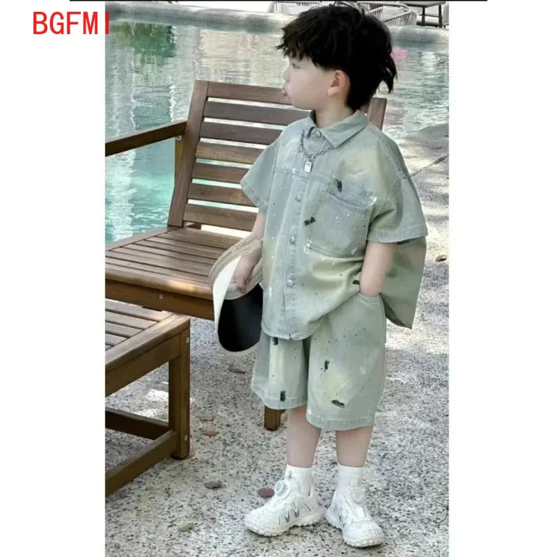 2PCS Fashion Kids Summer Clothes Boys Set 2025 New Girls Splashing Ink Washing Soft Denim Short Sleeved Shirt and Shorts