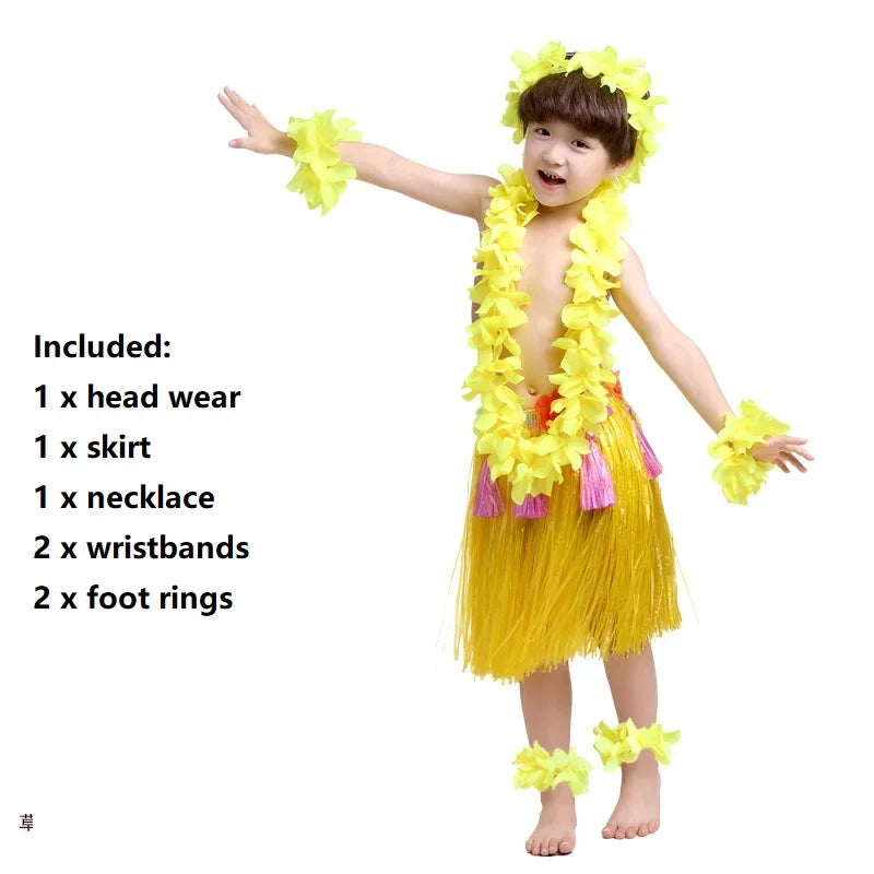 Hawaiian Hula Costume Set for Kids & Teens – Grass Skirt, Top, Flower Lei Necklace, Headband, Anklets & Bracelets (40 cm)