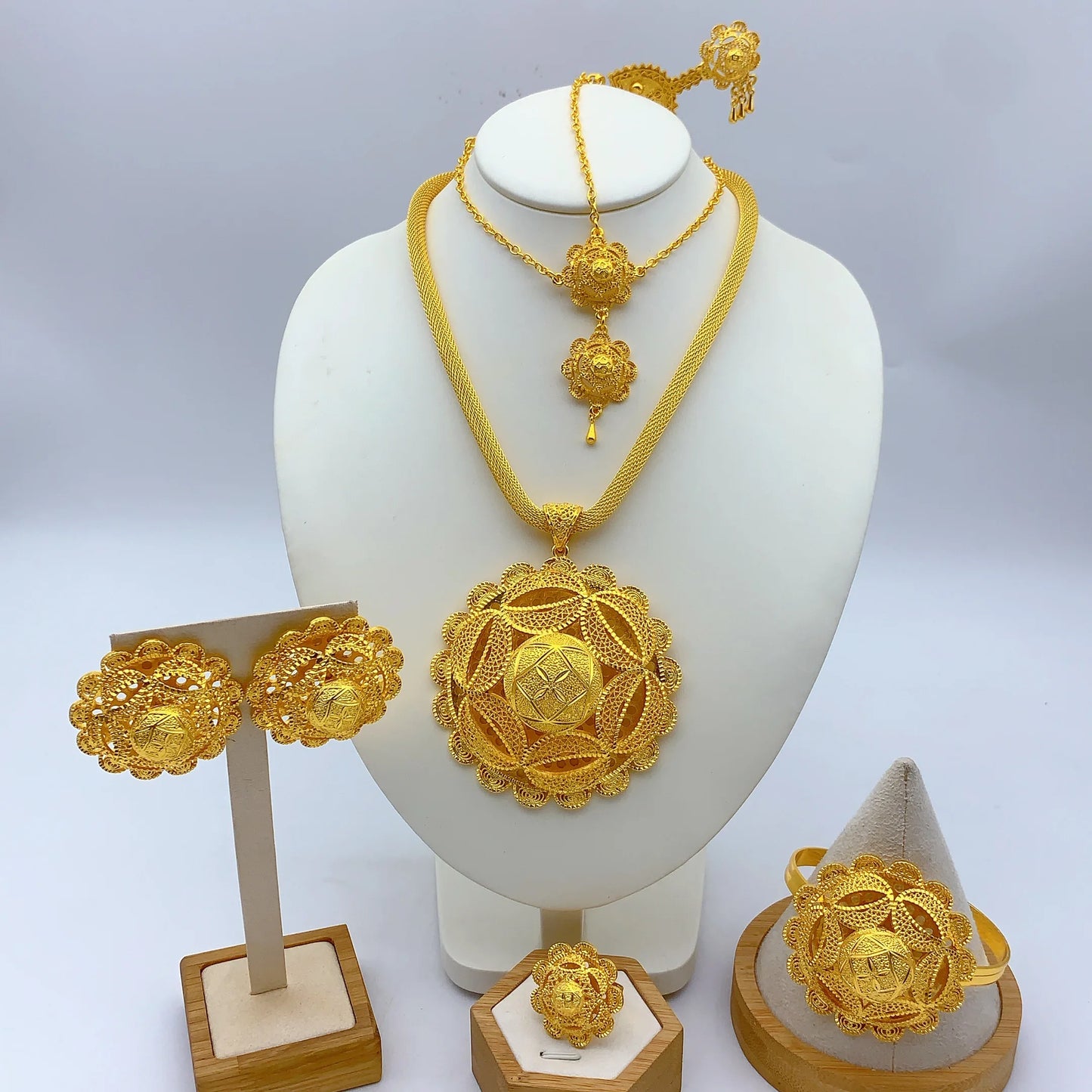 African Ethiopian Eritrean Habesha 24K Gold-Plated Flower Pendant 6-Piece Jewelry Set