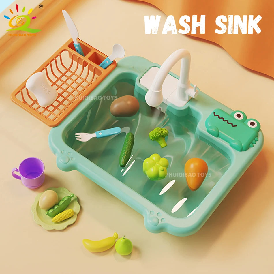 Kids Electric Dishwasher Toy with Kitchen Sink, Pretend Play Dish Washing Set, Educational Role Play Kitchen Toy for Children