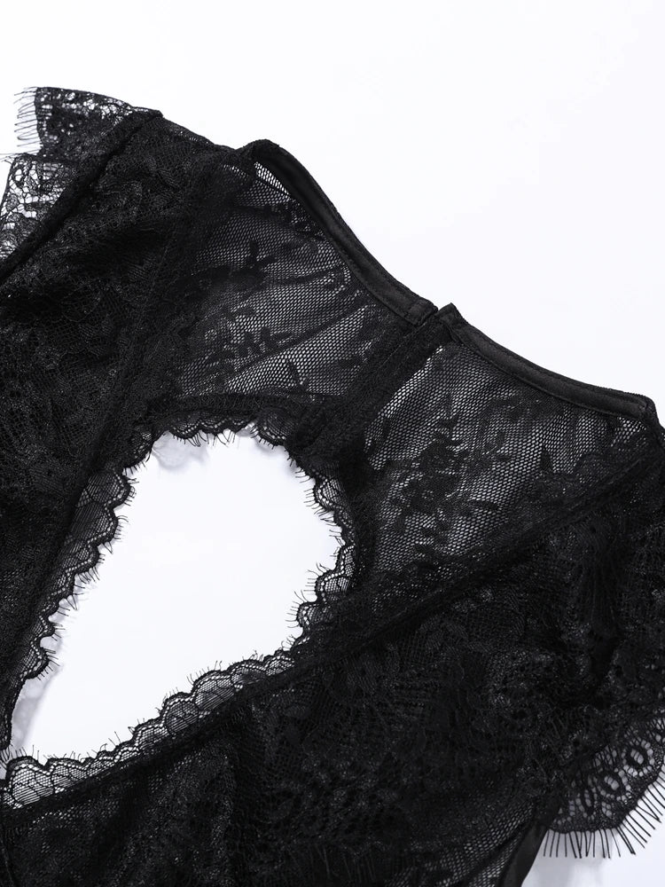 Women's Lace Trim Bodysuit – Sleeveless, Deep V-Neck, Sheer Mesh