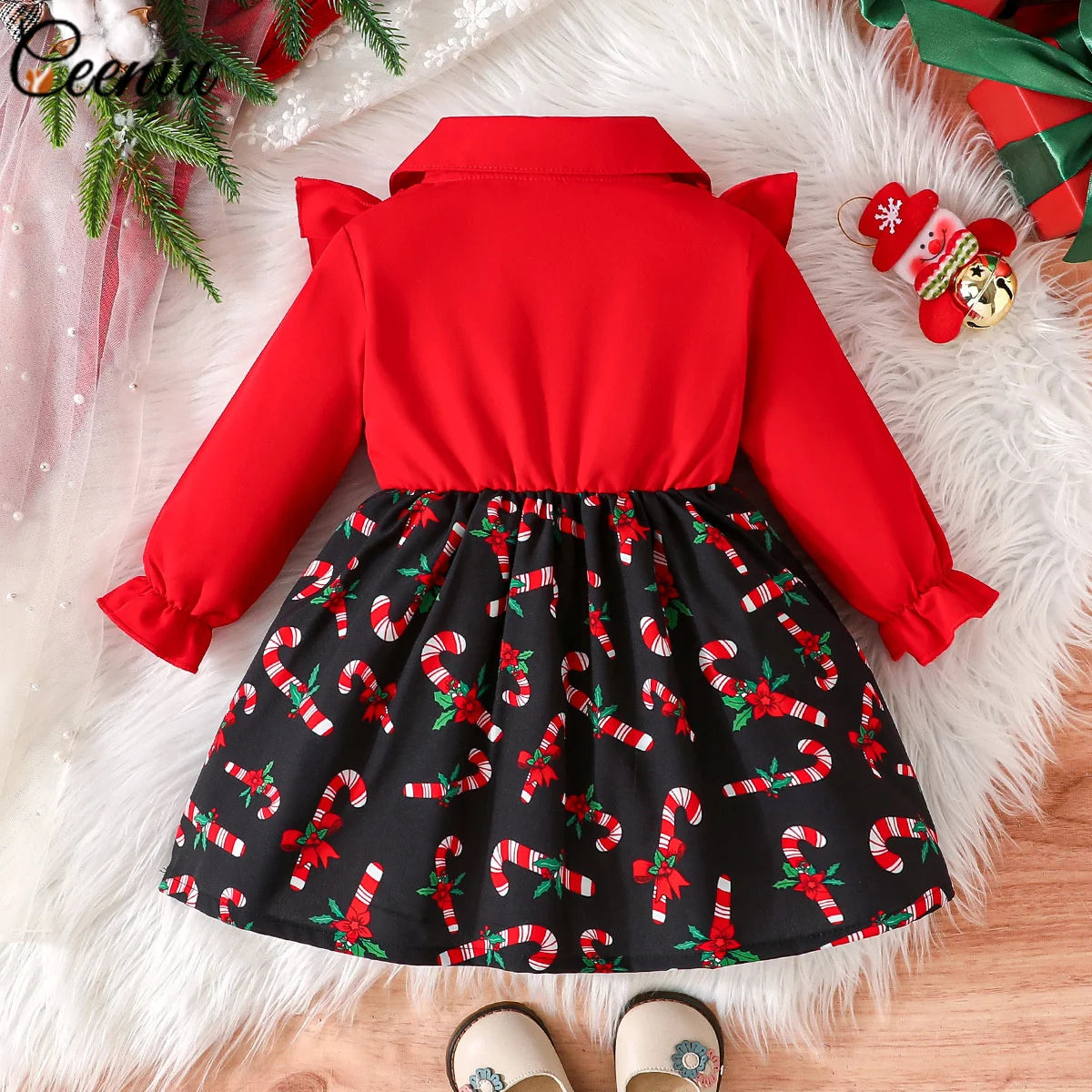 Baby Girl New Year Dress – Green Christmas Tree Print Outfit, “My First New Year” Costume for Newborns & Toddlers