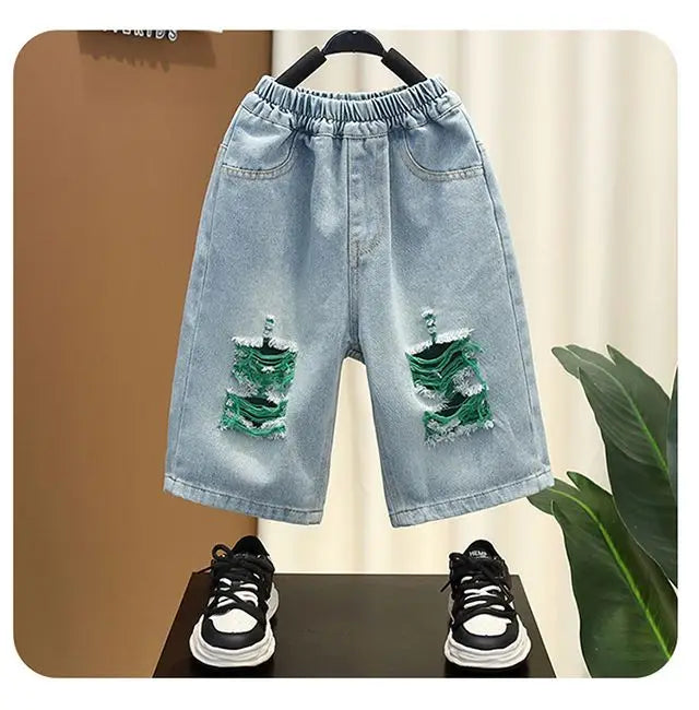 2025 Kids Clothing Boys' summer outfit set new stylish children's short sleeved letter T-shirt denim shorts 2-piece set