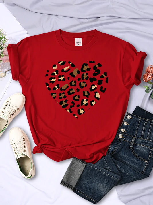 Women’s T shirts Simple Broken Leopard Heart Women T shirts Casual Fashion Soft Tee Clothing  Comfortable Valentine’s Day T Shirt