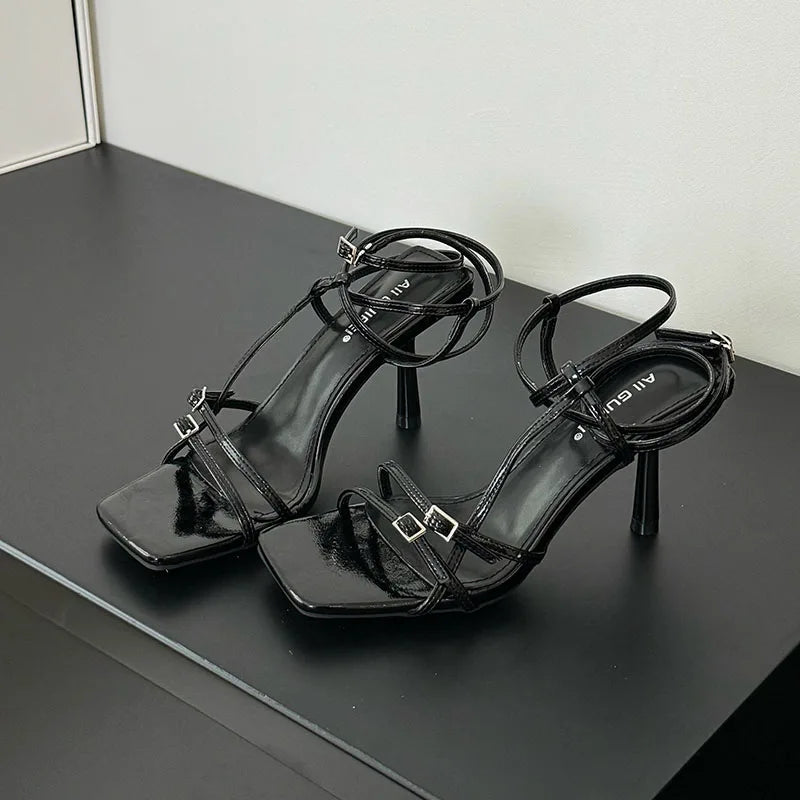 Women's Thin Heel Sandals – Ankle Buckle, Square Toe, Shallow Pumps, Fashion High Heels Footwear