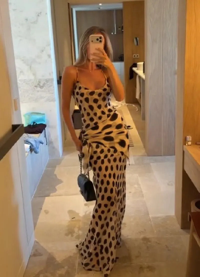 Women's Elegant Animal Print Maxi Dress with Detachable Scarf – Spaghetti Strap, Tie Waist, Slim Fit, Sleeveless Long Dress for Summer, Vacation, Party & Holiday