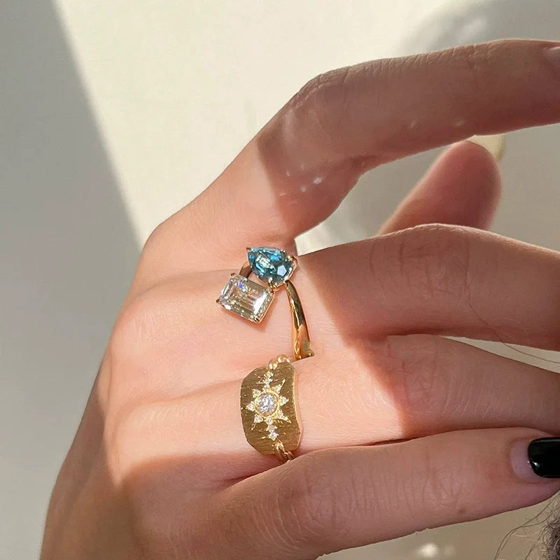 xiyanike Women's Adjustable Blue and Clear Zircon Two-Stone Ring, Geometric Open-Band Cocktail Jewelry