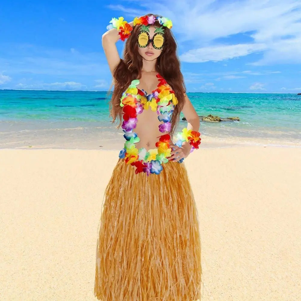 8-Piece Hawaiian Hula Costume Set – Grass Skirt, Flower Lei Necklace, Headband, Anklets & Bracelets for Parties and Dress-Up