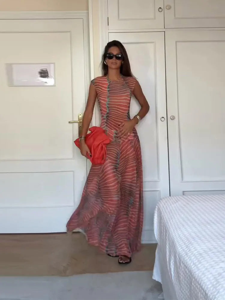 Chic Women's Printed Skirt Outfit – Sleeveless O-Neck Bodysuit with High-Waist Skirt
