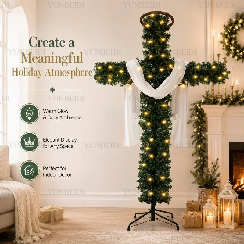 Cross-Shaped Artificial Christmas Tree with Metal Stand, 150 or 180 cm Green PVC Religious Holiday Decoration with Optional USB Lights