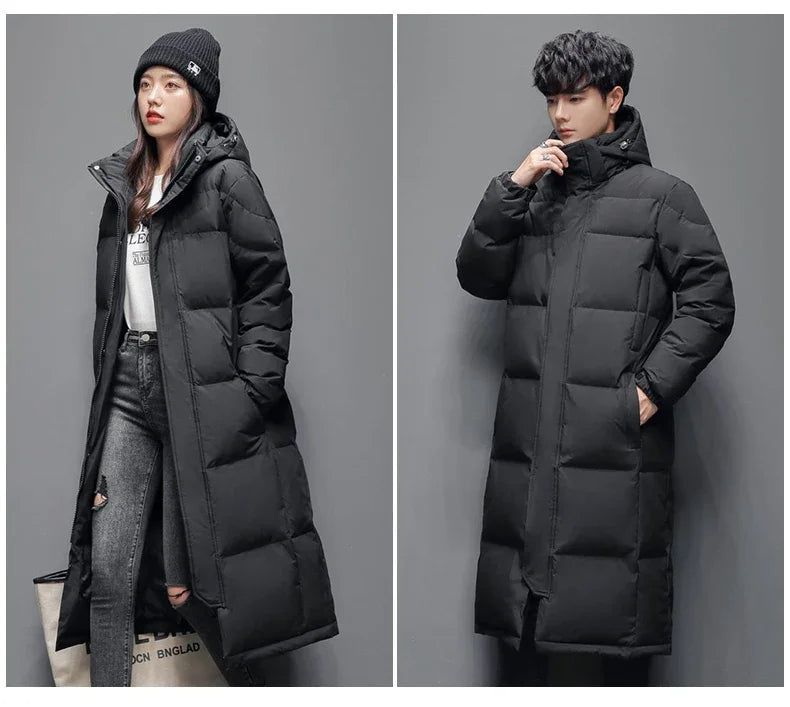 Winter Long White Down Jackets Men Women Hooded Thick Warm Over-the-Knee Puffer Jacket Man Overcoats Couple Padded Down Coat