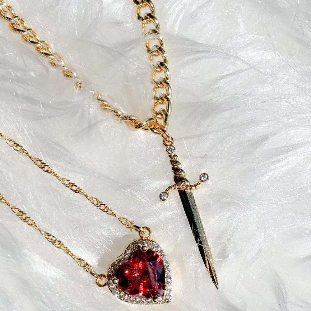 Snow White Inspired Heart & Sword Couple Necklace – Romantic Pendant Jewelry Gift for Women