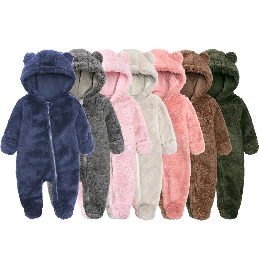 Baby Fleece Hooded Romper – Winter Zipper Bodysuit for Newborns & Infants (0–24 Months)