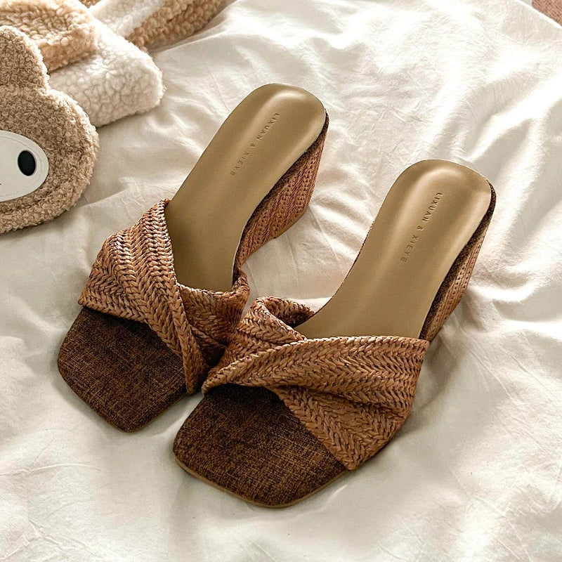 Women’s Designer Weave Wedge Slides – Open Toe Height Increase Summer Sandals, Fashion Outdoor Slip-On Dress Shoes