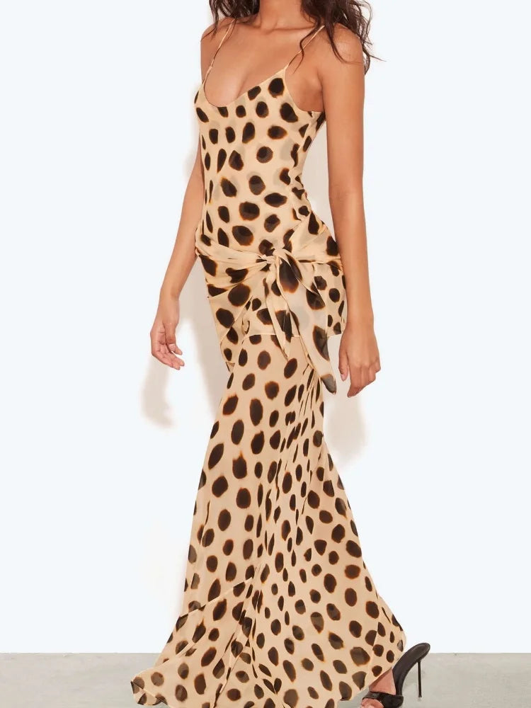 Women's Elegant Animal Print Maxi Dress with Detachable Scarf – Spaghetti Strap, Tie Waist, Slim Fit, Sleeveless Long Dress for Summer, Vacation, Party & Holiday