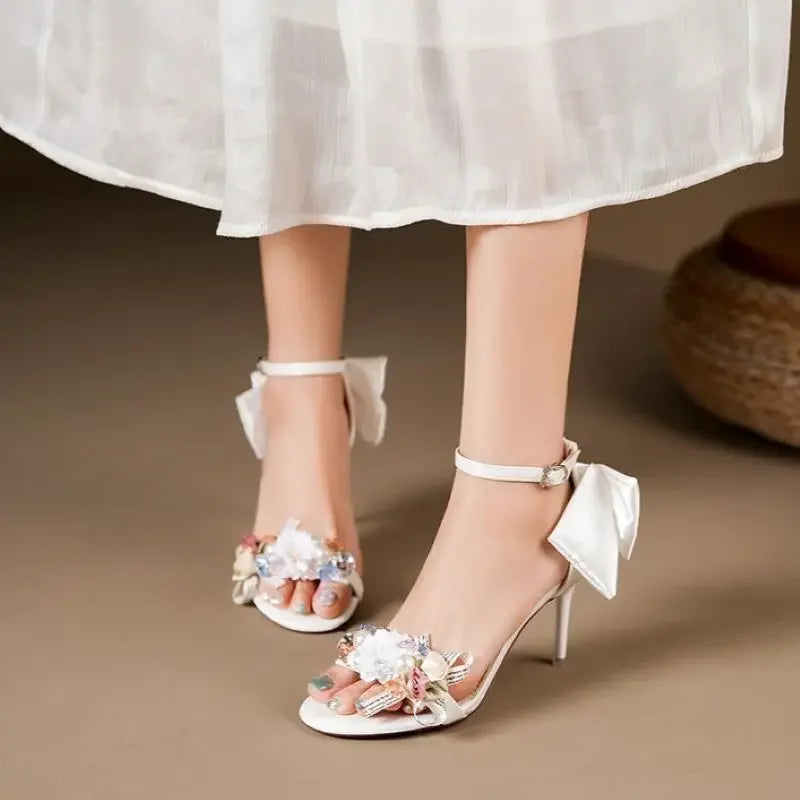 Women’s Open Toe High Heel Sandals – Satin Flower Bow, Buckle Strap, Elegant Dress & Wedding Shoes