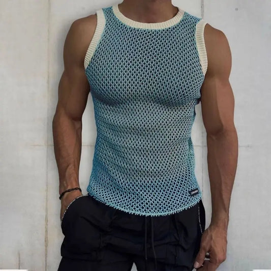 Minimalist Summer Men's New Pullover, Crew Neck Contrast Color Printed All-Match Tops, Trendy Fashionable Slim Sleeveless Tank Vests T-shirt