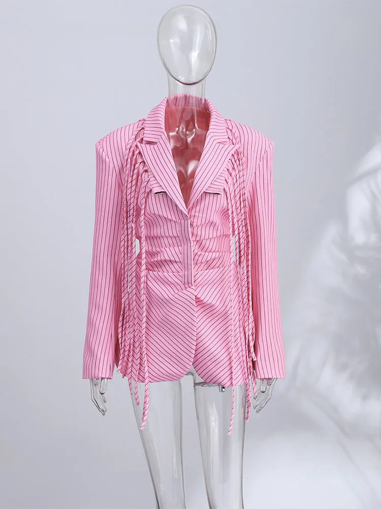 Women's Pinstripe Blazer Jacket with Padded Shoulders, Fitted Waist, Turn-Down Collar & Detachable Tassel Straps