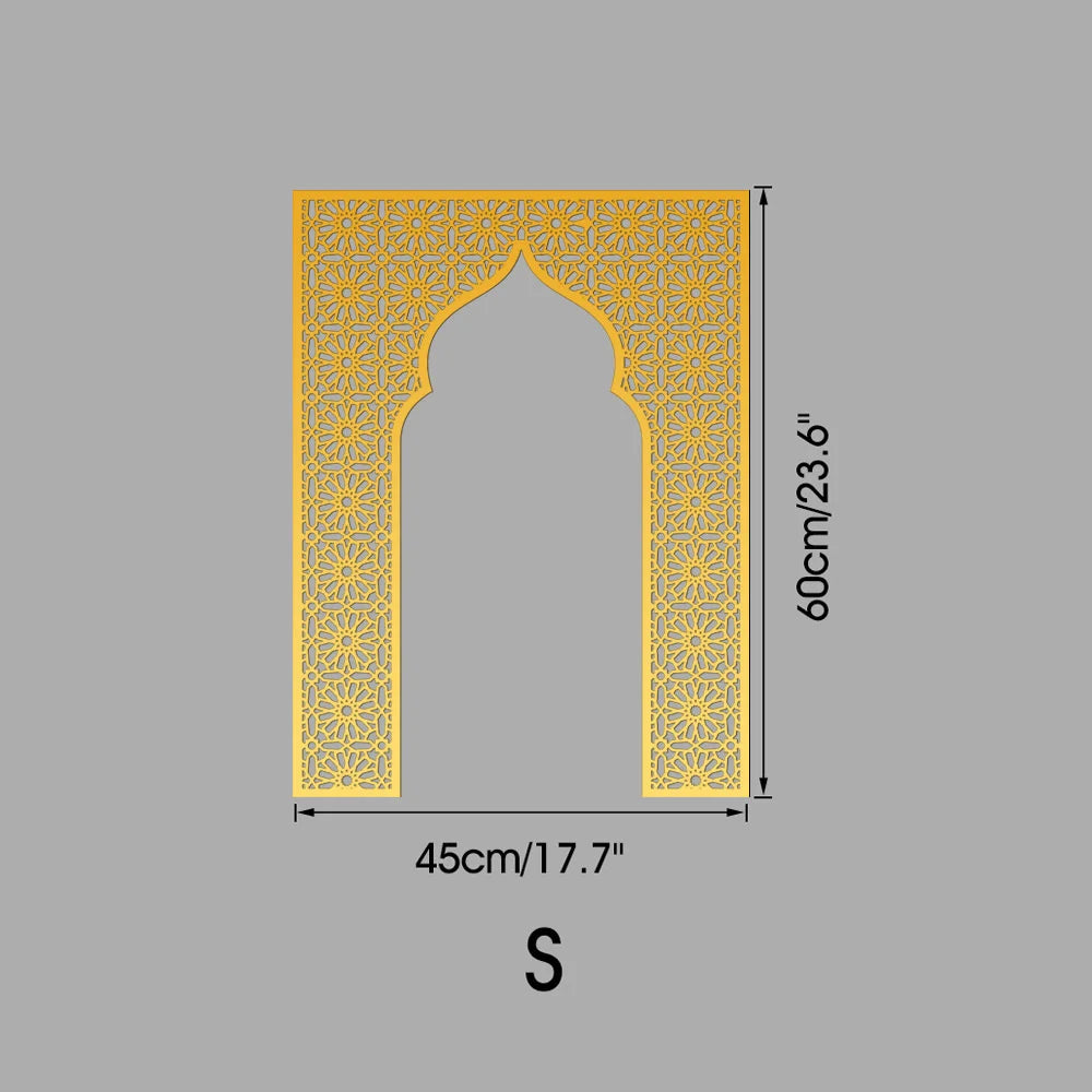 Islamic Arch Mirror Wall Sticker – Gold Acrylic 3D Mosque Frame Decal with Geometric Pattern for Ramadan & Eid Decor
