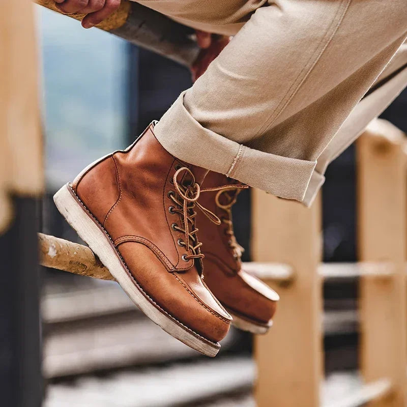 Men’s American-Style Leather Boots – Handmade Cowhide, Goodyear-Welted Motorcycle Design