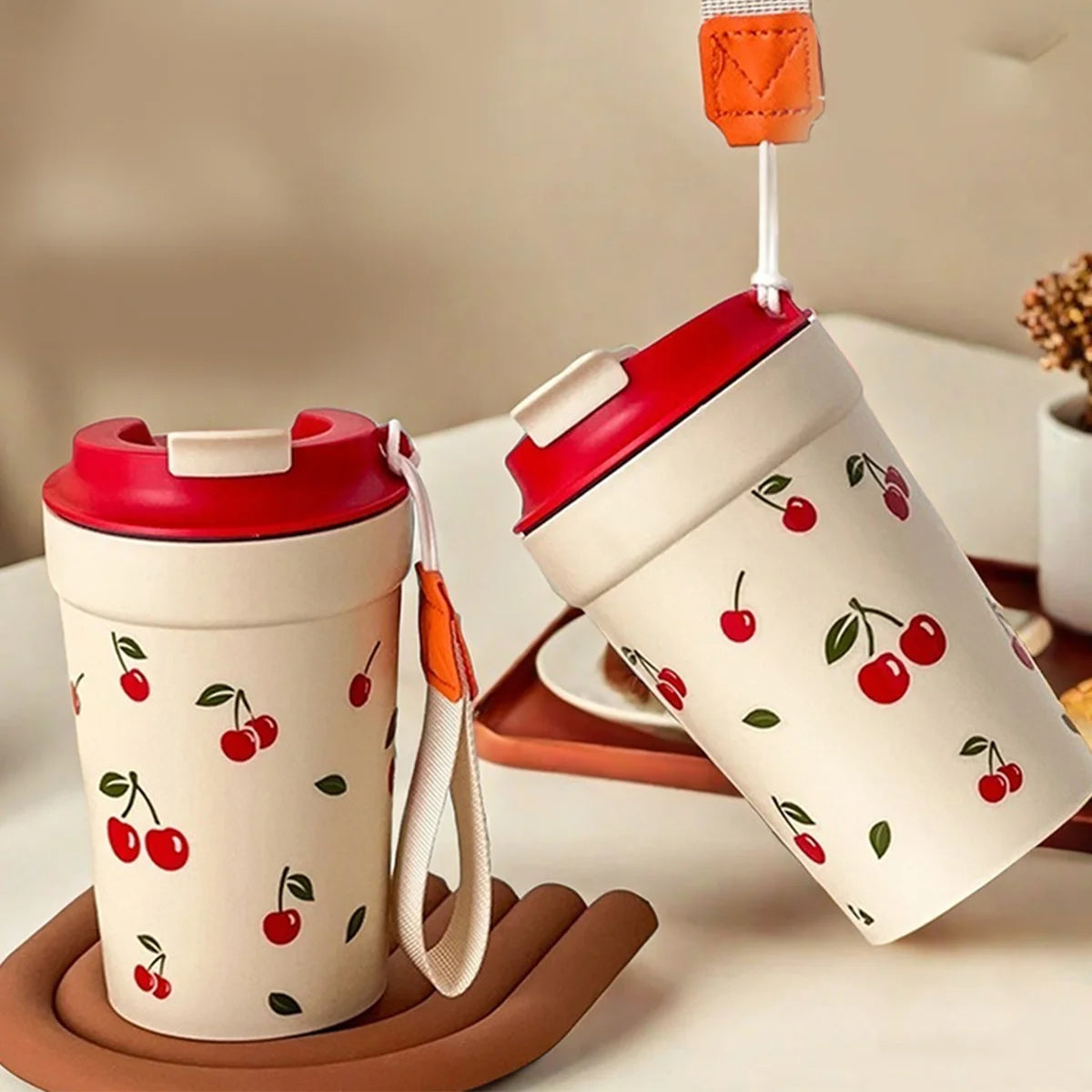 Cherry Pattern Plastic Tumbler Cup with Rope – 350–400ml Reusable Water, Coffee & Milk Mug