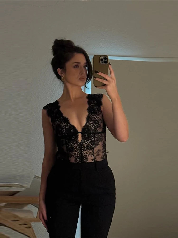 Women's Lace Trim Bodysuit – Sleeveless, Deep V-Neck, Sheer Mesh