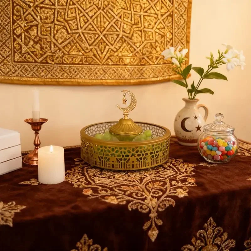 Decorative Iron Serving Tray for Snacks & Candies – Large Capacity Storage Plate for Islamic, Ramadan & Eid Celebrations