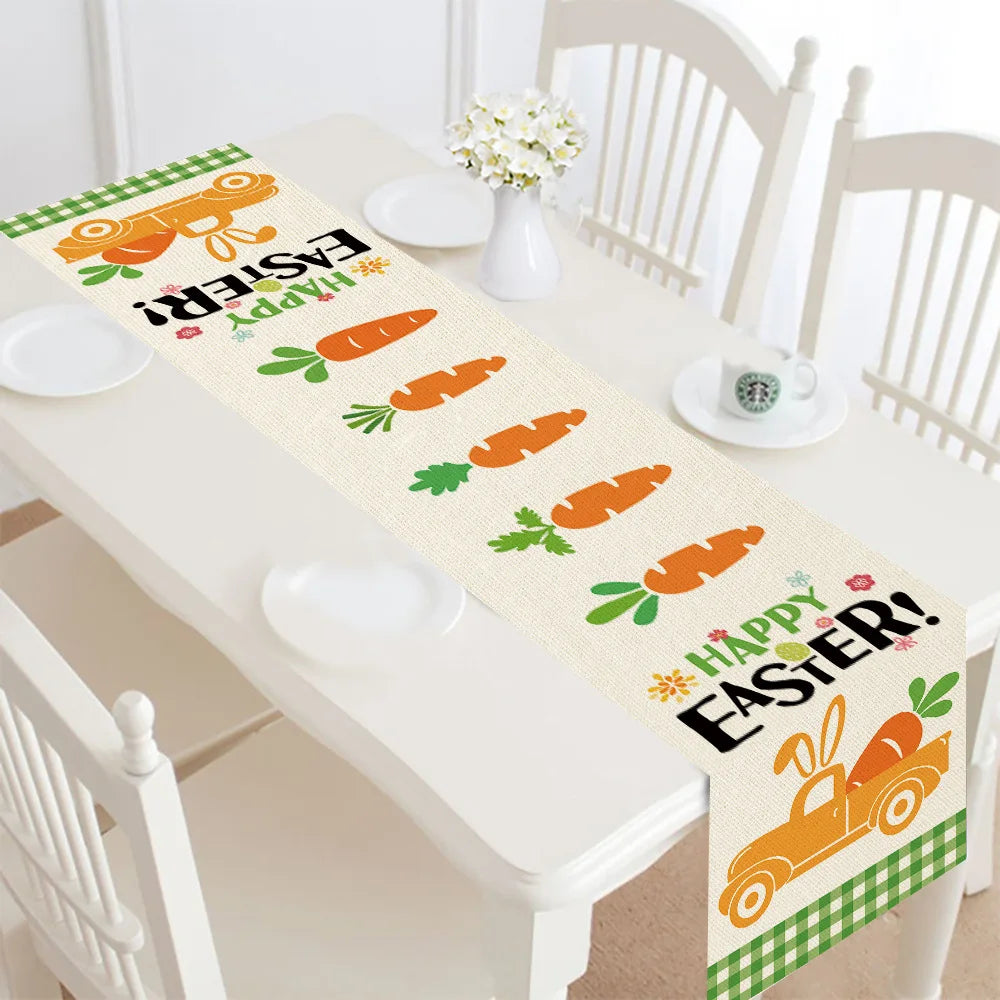 Linen Carrots Rabbit egg Flower Happy Easter Table Runner 2025 Spring Easter Decoration For Home Party Rabbit Dining Table Cloth