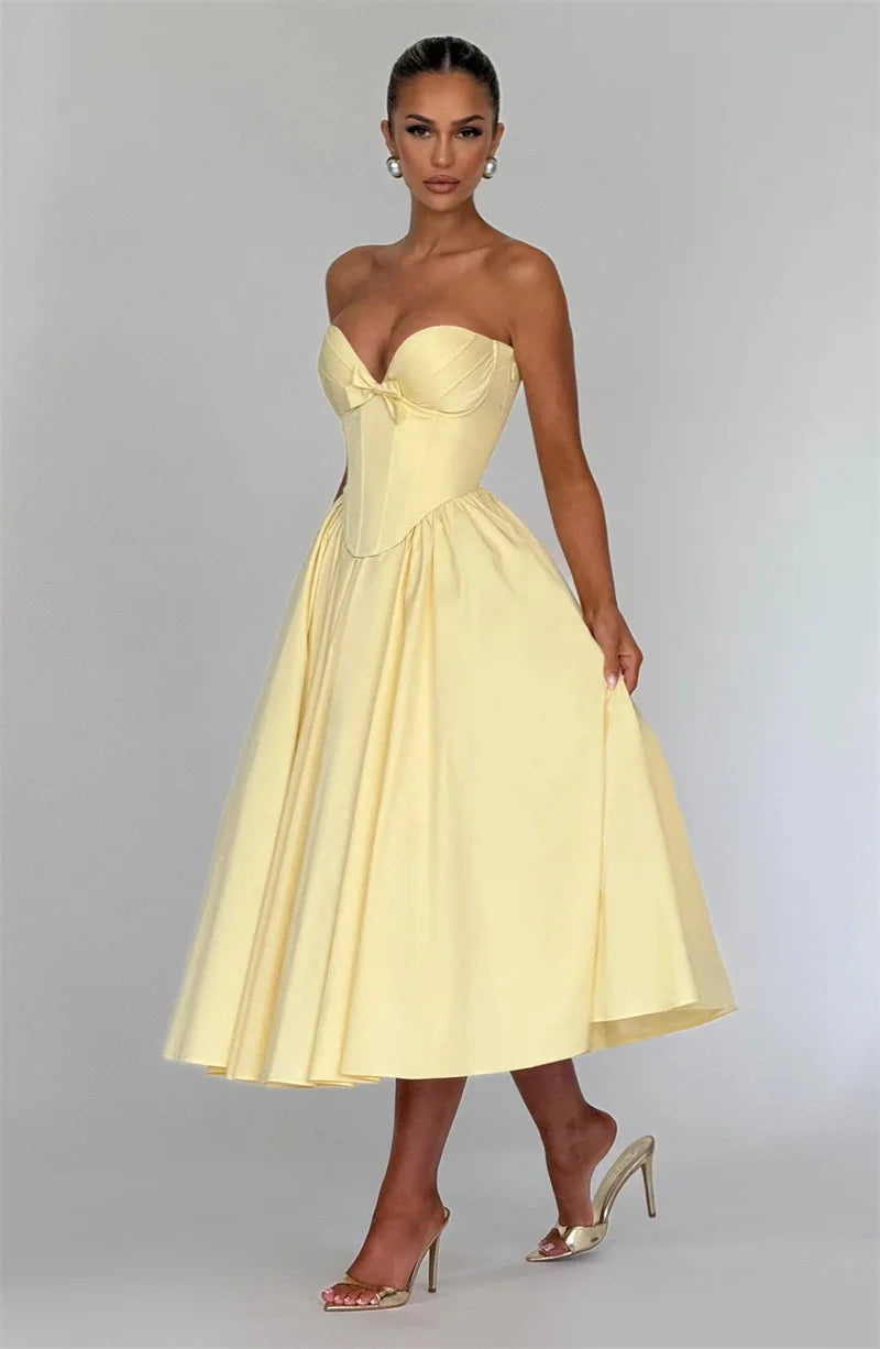 Elegant Off-Shoulder Strapless Midi Dress for Women – Sleeveless, Backless, A-Line Party Dress with Bow Detail