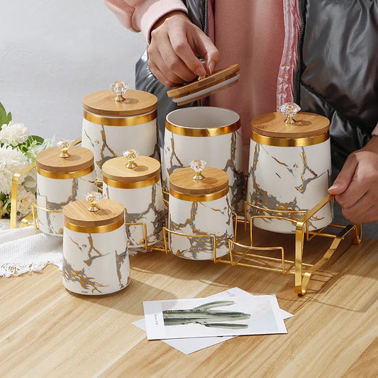 7 Piece Set Ceramic Storage Jar Airtight with Wooden Lid Storage Tank Food Storage Box Tea Caddy Spice Jars Kitchen Storage