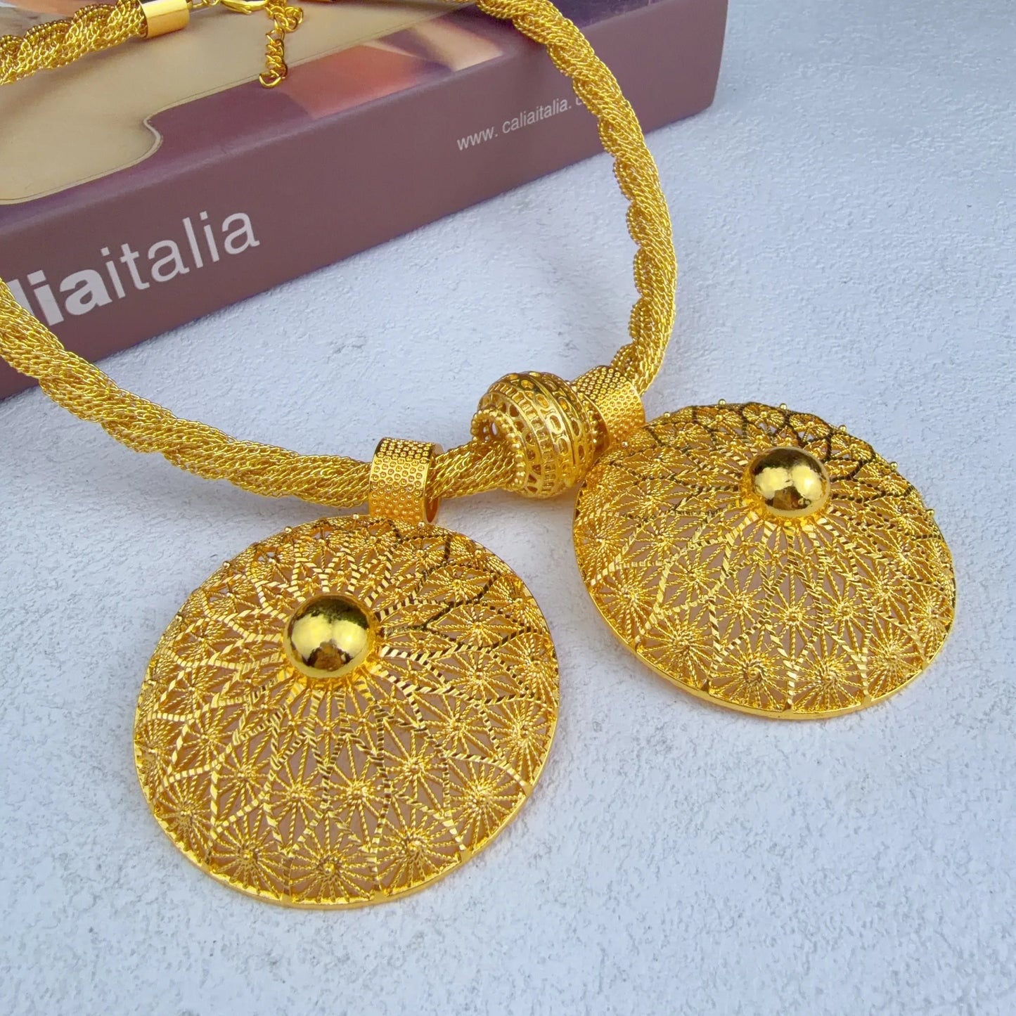 African Ethiopian Eritrean Habesha Dubai 24K Gold-Plated Flower Pendant 6-Piece Jewelry Set