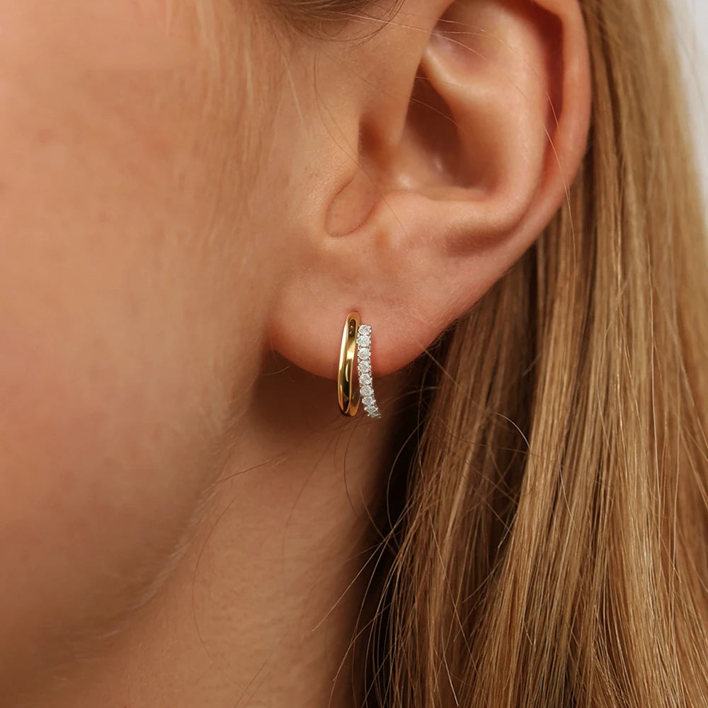 Moissanite Double Hoop Earrings, S925 Silver with 18K Gold Plating, Elegant Circle Earrings for Women