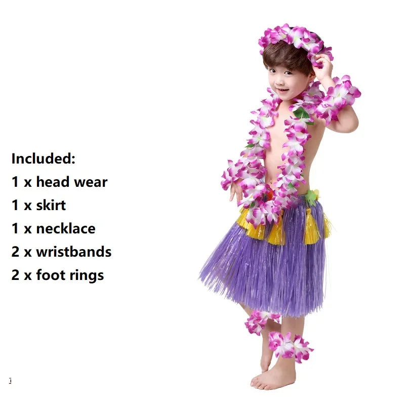 Hawaiian Hula Costume Set for Kids & Teens – Grass Skirt, Top, Flower Lei Necklace, Headband, Anklets & Bracelets (40 cm)