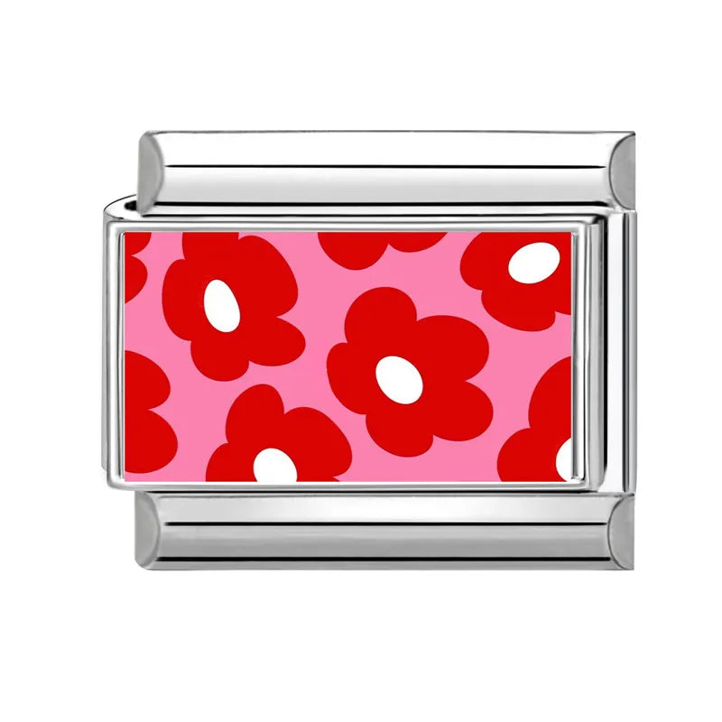 DIY Italian Charm Bracelet – Black & Red Cat Eye, Heart & Stripe Charms, 9mm Stainless Steel