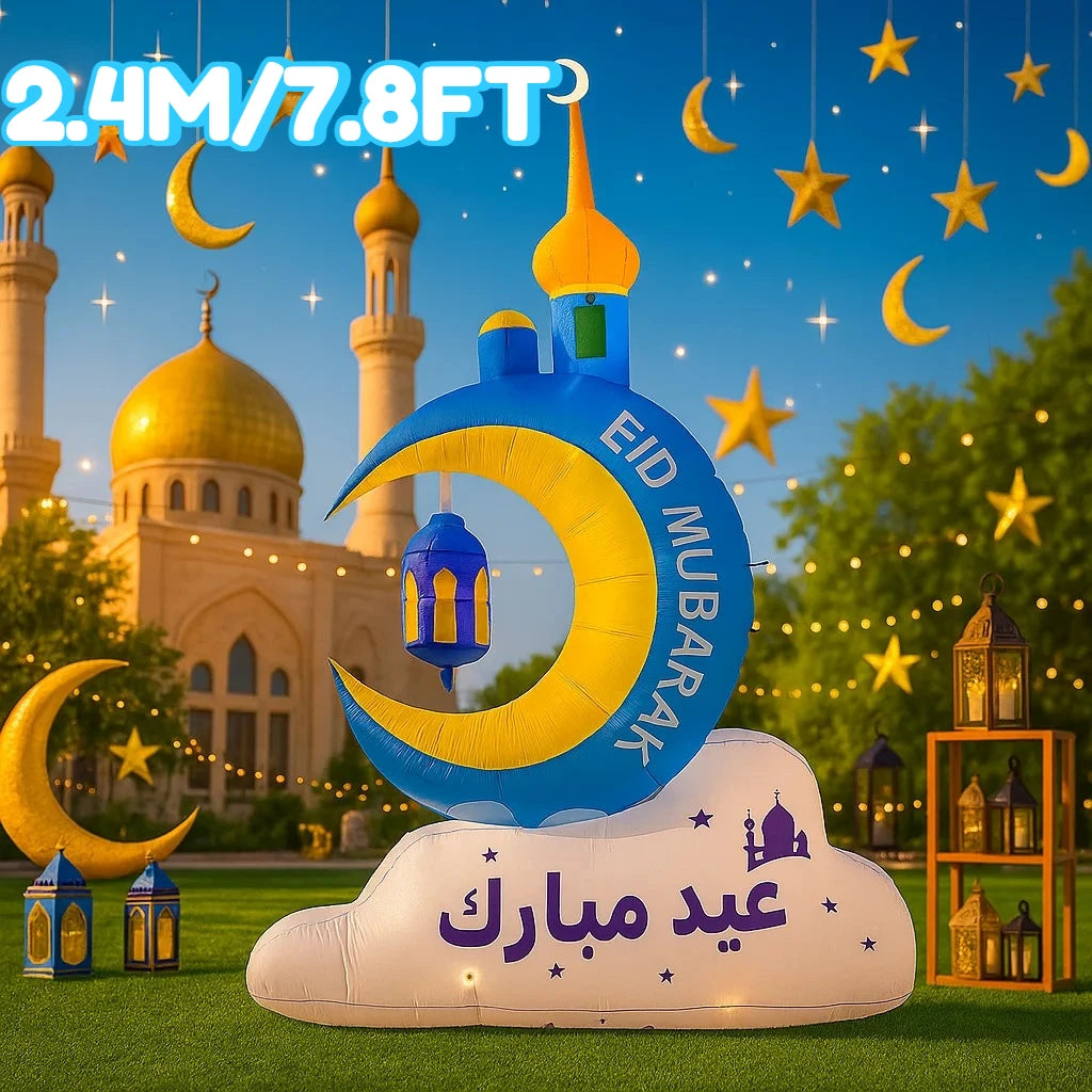 Islamic Ramadan & Eid Inflatable Moon Outdoor Decoration, 2.4M (7.8FT) LED Yard Ornament
