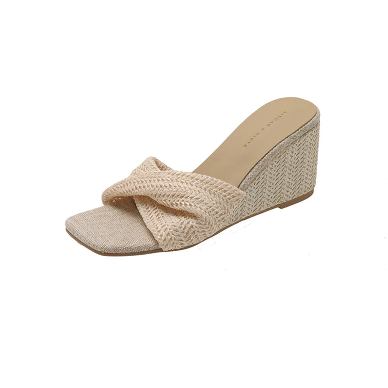 Women’s Designer Weave Wedge Slides – Open Toe Height Increase Summer Sandals, Fashion Outdoor Slip-On Dress Shoes