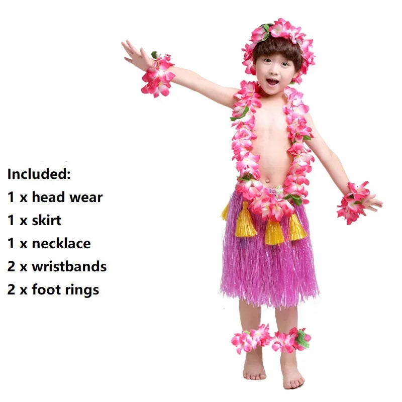 Hawaiian Hula Costume Set for Kids & Teens – Grass Skirt, Top, Flower Lei Necklace, Headband, Anklets & Bracelets (40 cm)
