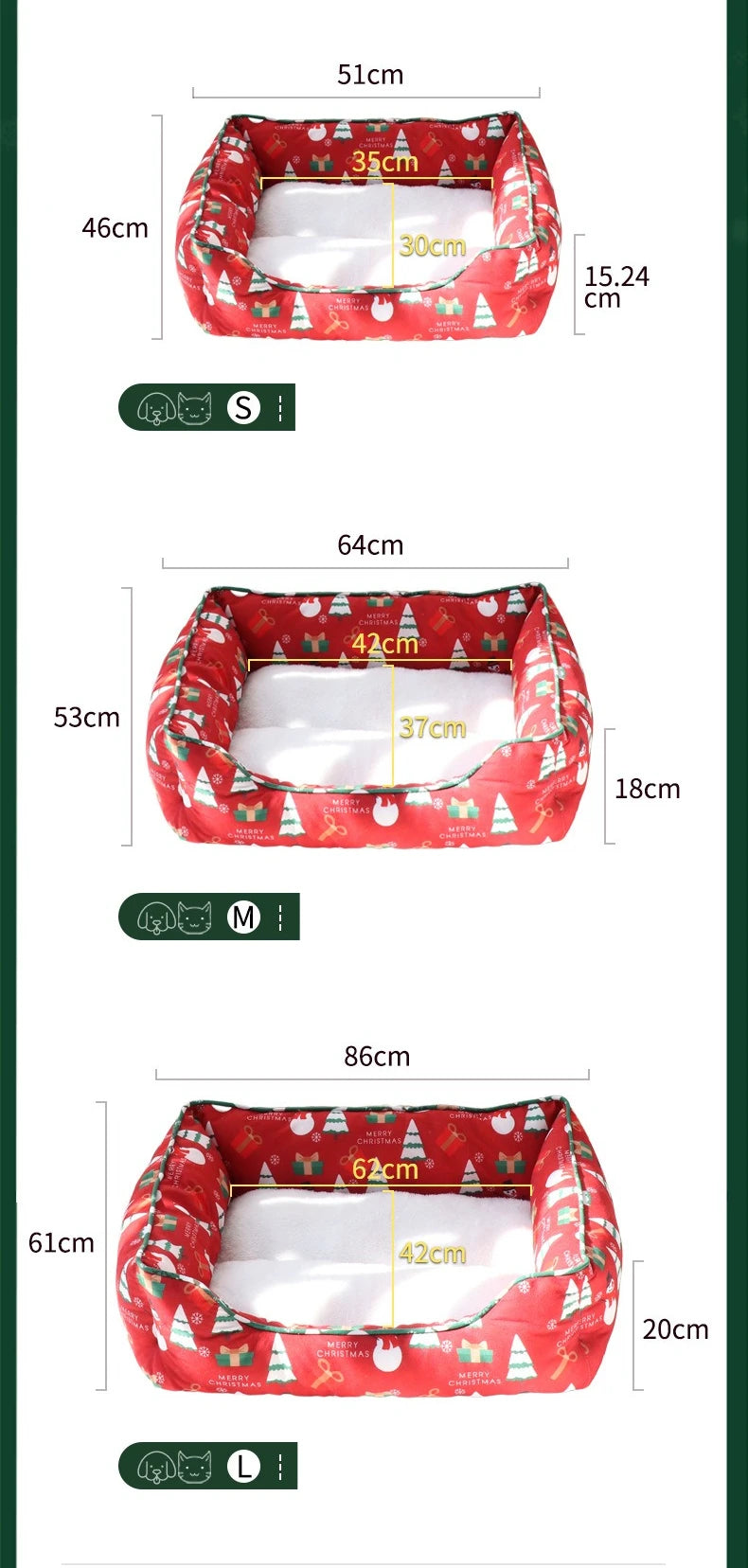 Christmas Cat and Small Dog Bed with Raised Bolster Sides and Soft Sleeping Cushion, Festive Indoor Pet Nest