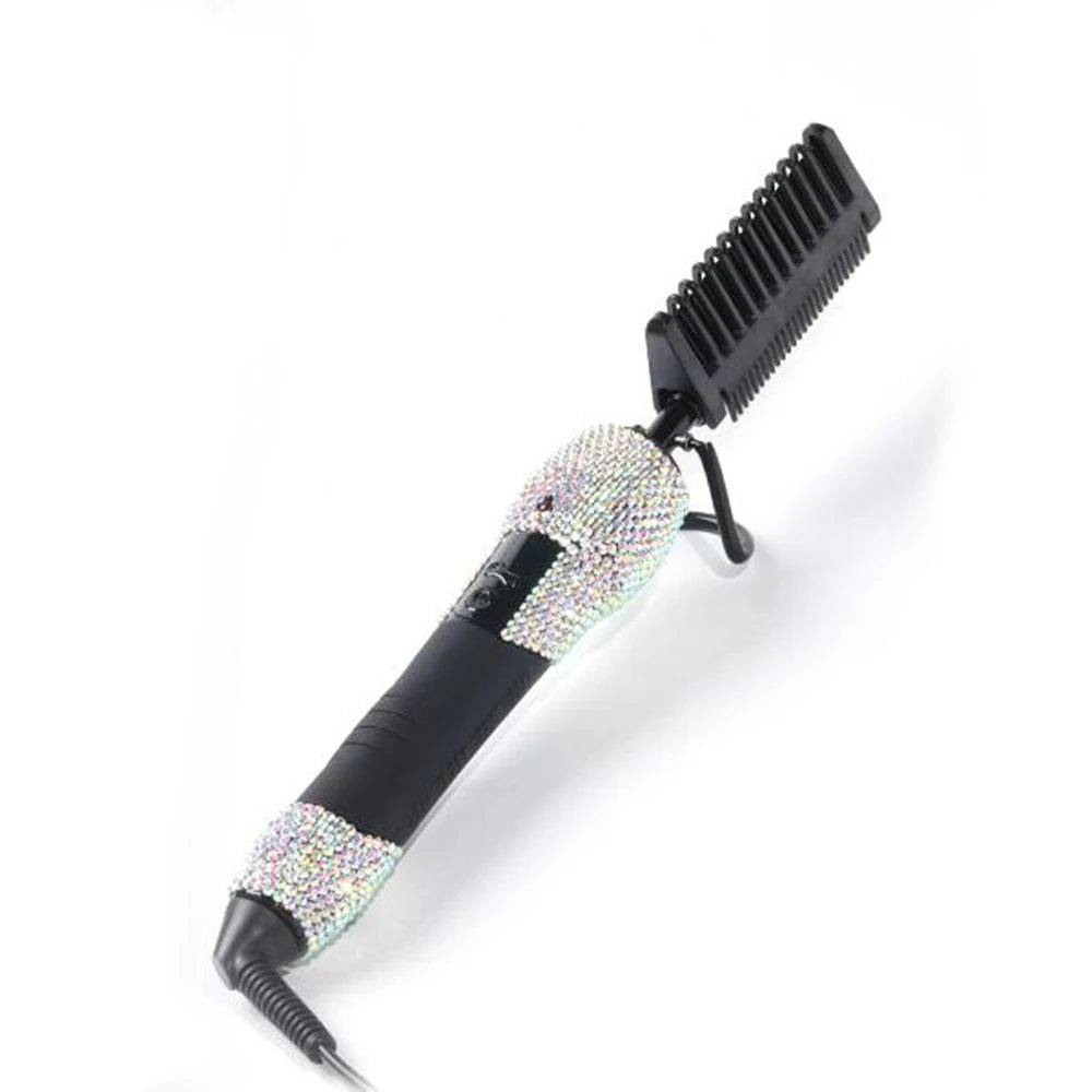 Electric Hot Comb Hair Straightener with Rhinestone Design and LCD Display