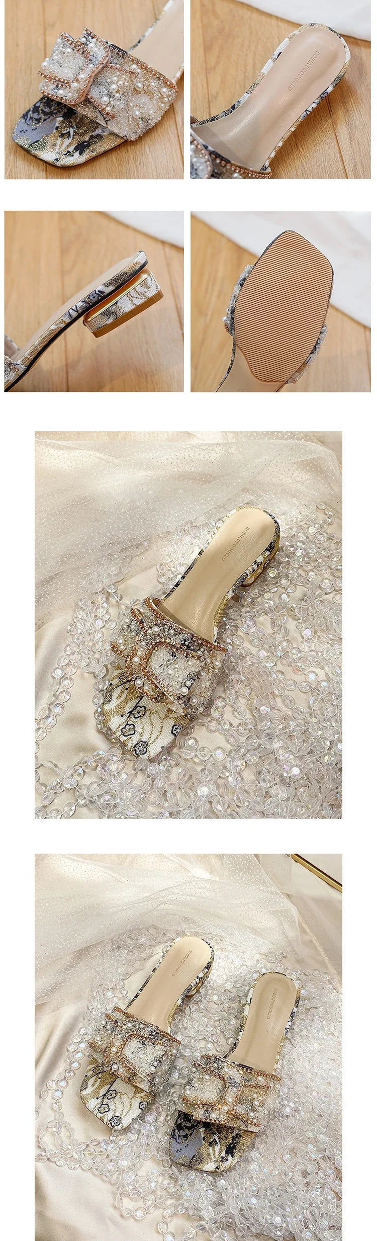 Women’s Slippers 2025 – Luxury Pearl Rhinestone Chunky Heel Sandals, Summer Butterfly-Knot Slip-On Shoes