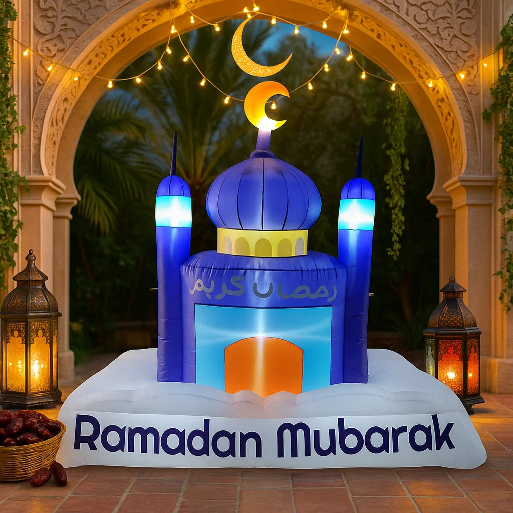 Islamic Ramadan & Eid Inflatable Mosque Decoration with LED Lights, 7FT Outdoor Yard Ornament