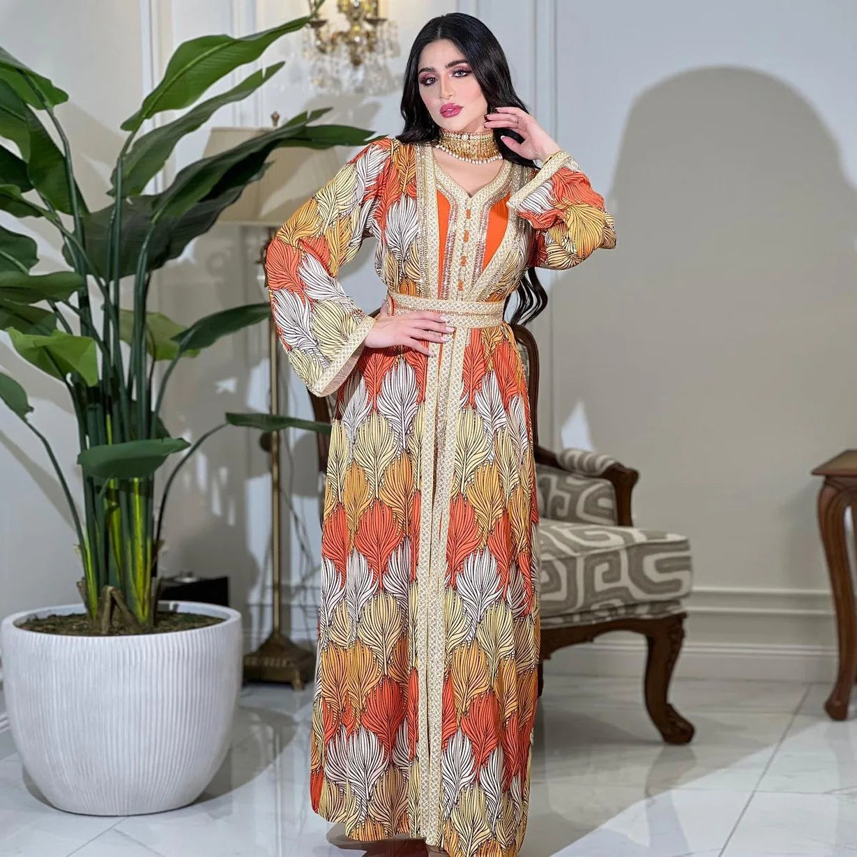 Long-Sleeved Jalabiya Set with Rhinestone Details and Woven Ribbon